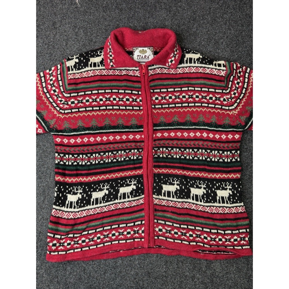Tiara International Fair Isle Zip Up Cardigan Sweater Womens L Christmas